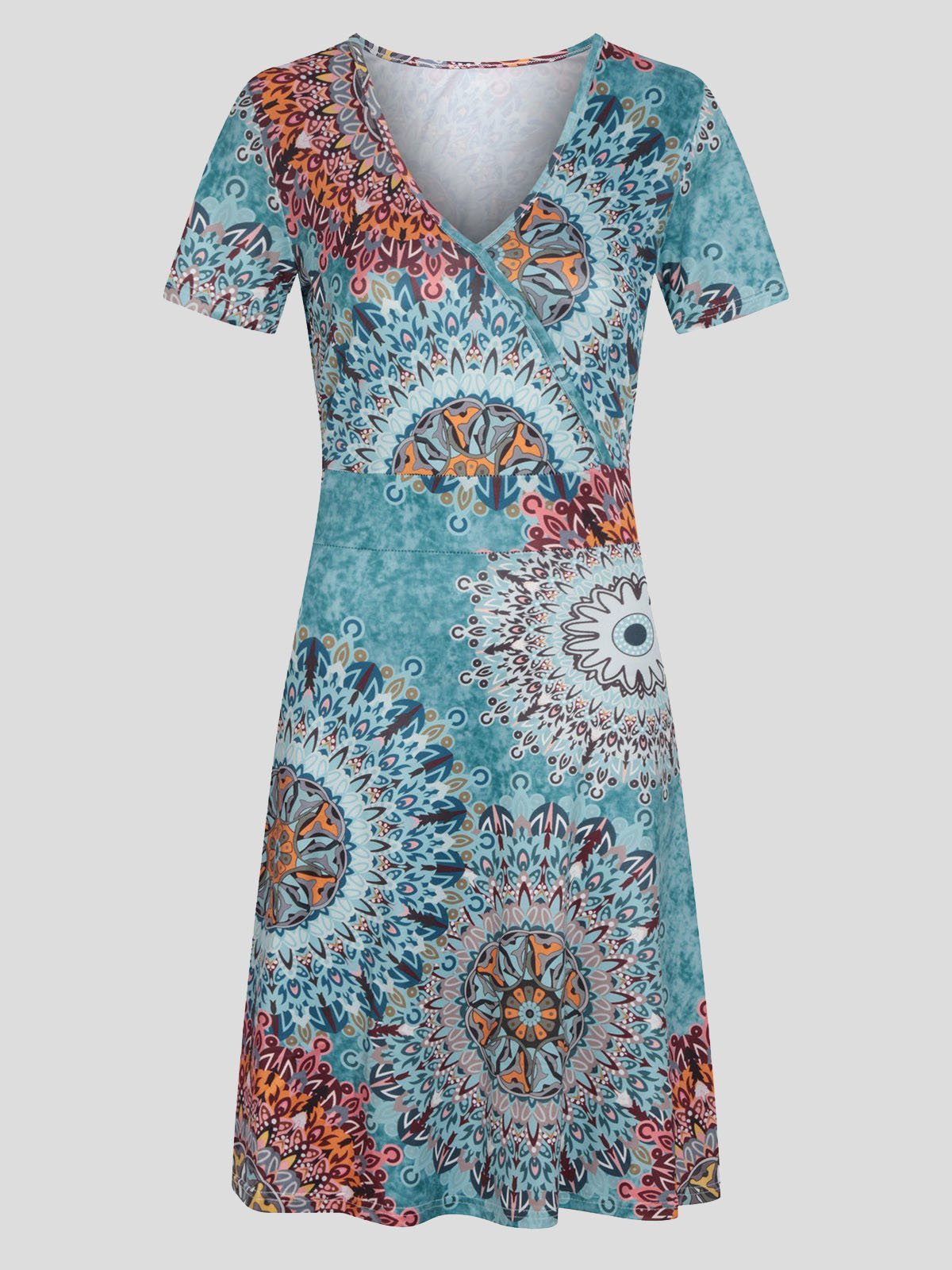 V-neck Short-sleeved Sun Flower Print Dress