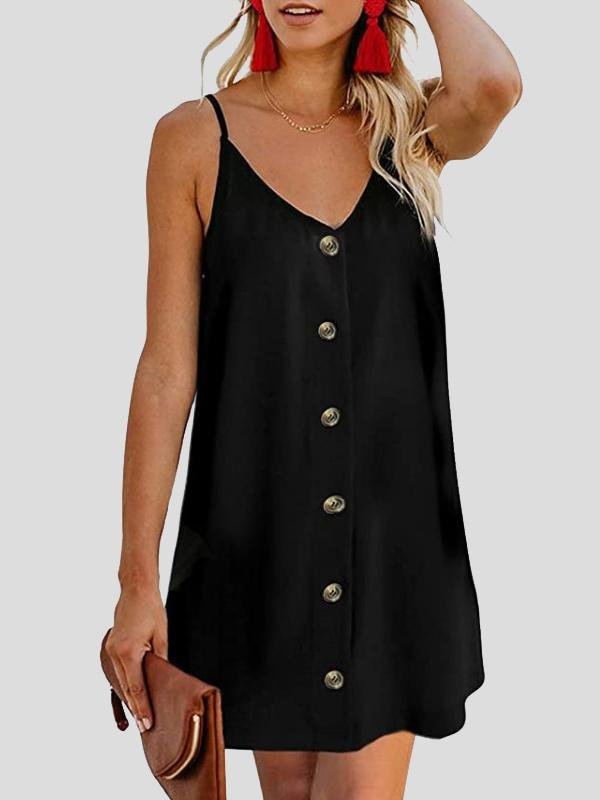 V-neck Single-breasted Sleeveless Suspender Dress