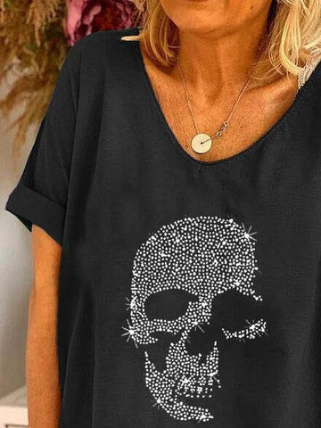 V-neck Skull Print Loose Short Sleeve T-shirt