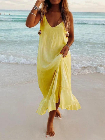 Ärmelloses Strand-Resort-Boho-Kleid mit V-Ausschnitt