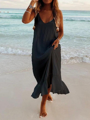 Ärmelloses Strand-Resort-Boho-Kleid mit V-Ausschnitt