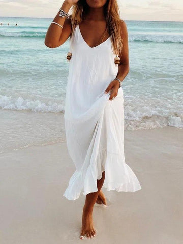 Ärmelloses Strand-Resort-Boho-Kleid mit V-Ausschnitt