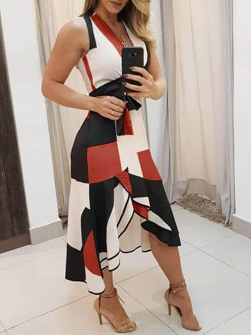 V-neck Sleeveless Contrast Print Ladies Dress