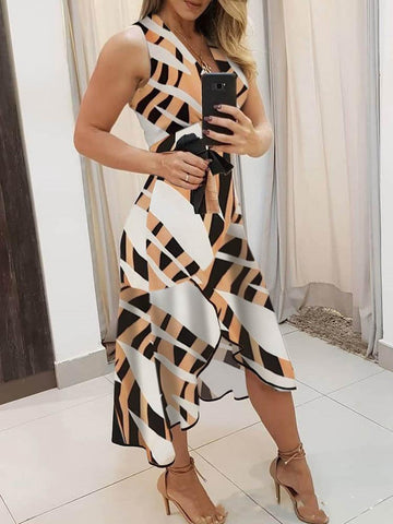 V-neck Sleeveless Contrast Print Ladies Dress