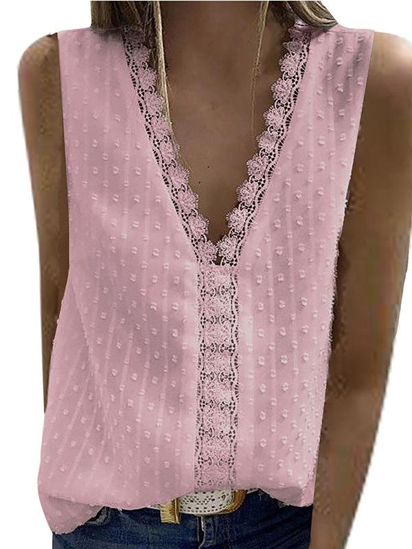 V-neck Sleeveless Lace Stitching Chiffon Tank Top