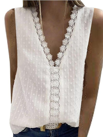 V-neck Sleeveless Lace Stitching Chiffon Tank Top