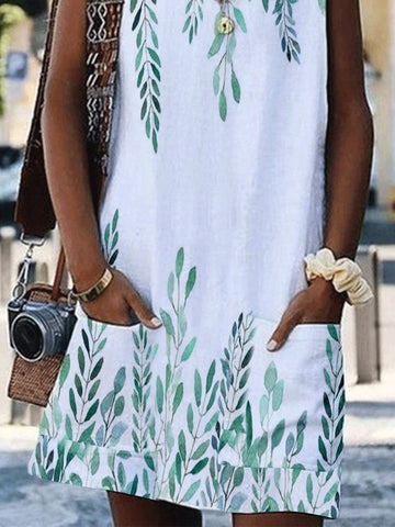 V-Neck Sleeveless Leaf Print Pocket Loose Dress