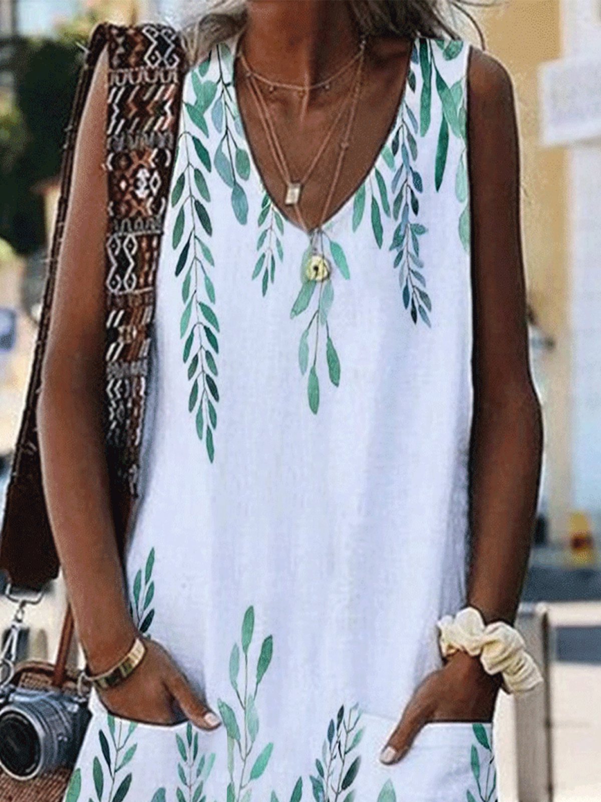 V-Neck Sleeveless Leaf Print Pocket Loose Dress