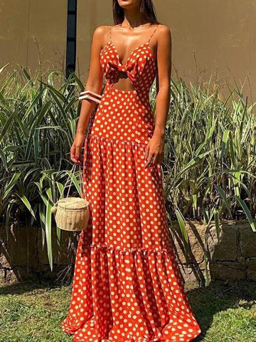 V-neck Sleeveless Polka Dot Beach Dress