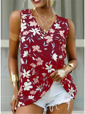 V-Neck Sleeveless Print Loose Casual Tank Tops