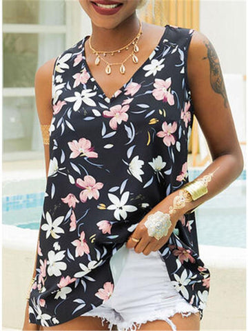 V-Neck Sleeveless Print Loose Casual Tank Tops