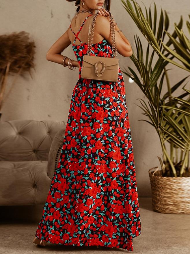 V-Ausschnitt Sling Floral Bohemian Strandkleid