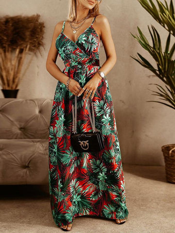 V-Ausschnitt Sling Floral Bohemian Strandkleid