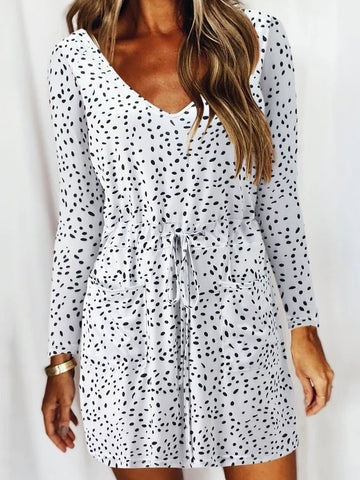 V-Neck Slot Pocket Lace-Up Long Sleeve Casual Dress