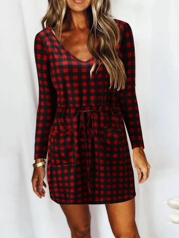 V-Neck Slot Pocket Lace-Up Long Sleeve Casual Dress