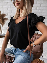 V-neck Solid Color Lace Ruffle Sleeve Blouse