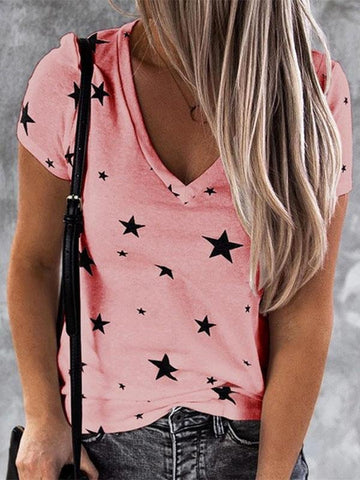 V-neck Star Print Short-sleeved T-shirt