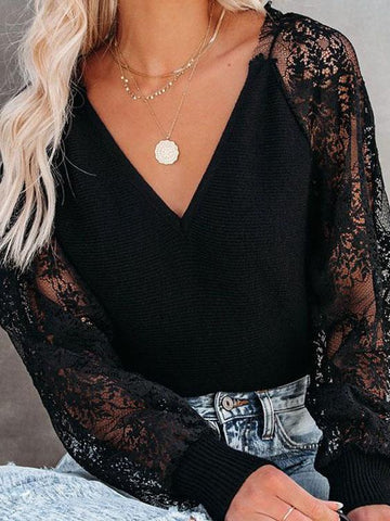 V-neck Stitching Lace Long-sleeved Top