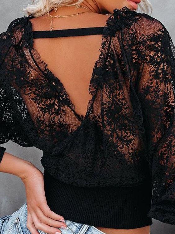 V-neck Stitching Lace Long-sleeved Top