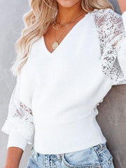 V-neck Stitching Lace Long-sleeved Top