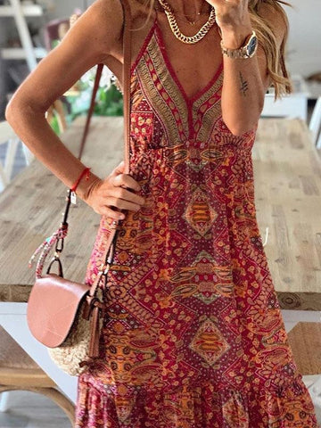 Kleid mit V-Ausschnitt und Trägern im Bohemian-Urlaubs-Print