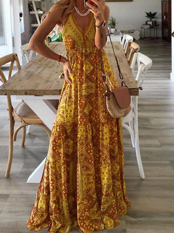 Kleid mit V-Ausschnitt und Trägern im Bohemian-Urlaubs-Print