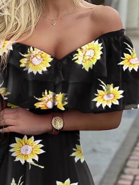 V-Neck Sunflower Print Off The Shoulder Ruffle Dress