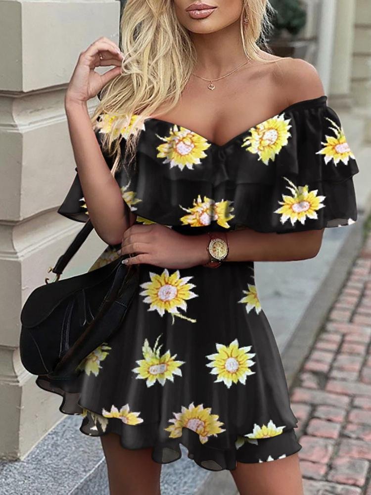 V-Neck Sunflower Print Off The Shoulder Ruffle Dress