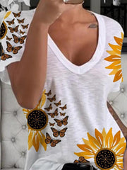 V-Neck Sunflower Print Short Sleeve T-Shirt
