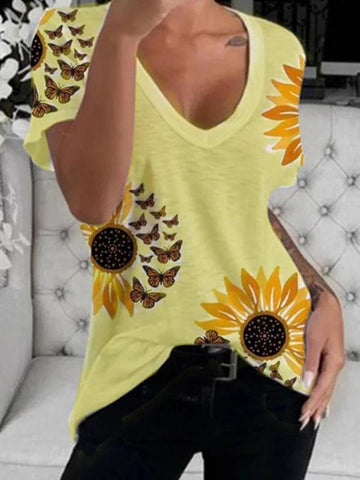 V-Neck Sunflower Print Short Sleeve T-Shirt