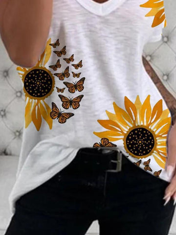 V-Neck Sunflower Print Short Sleeve T-Shirt