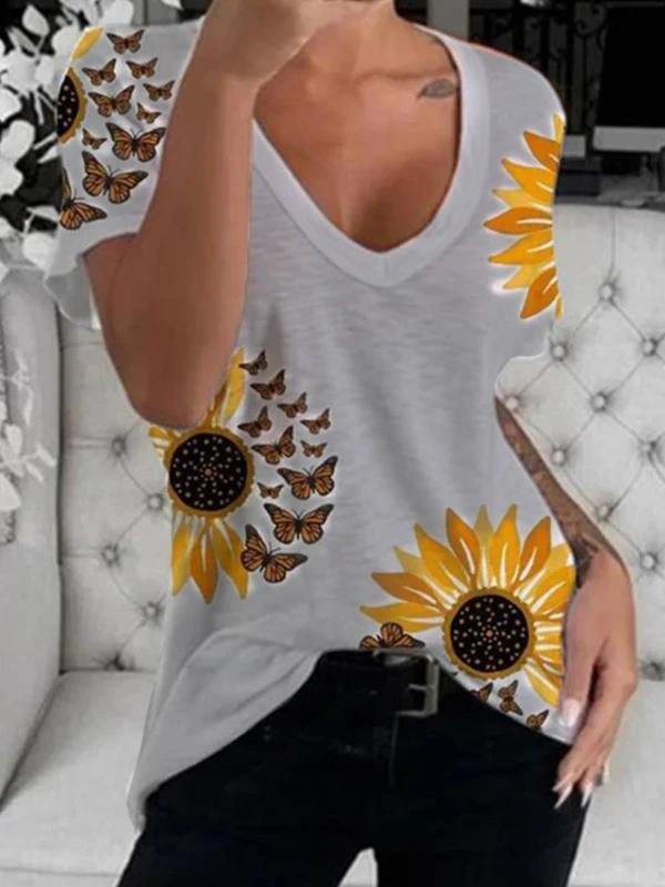 V-Neck Sunflower Print Short Sleeve T-Shirt