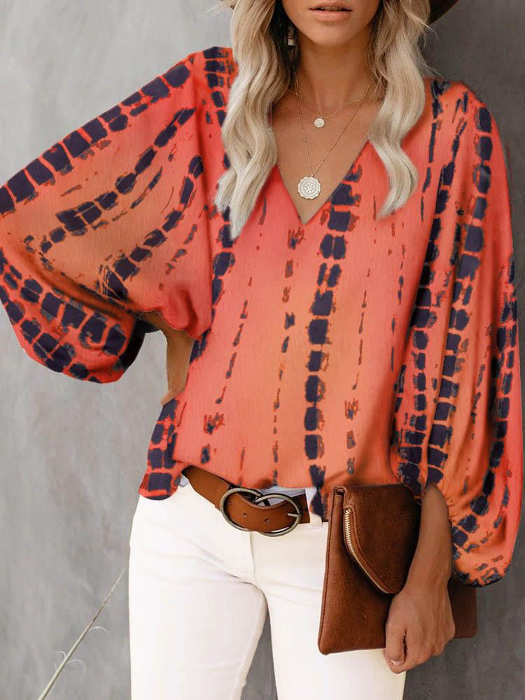 V-Neck Tie Dye Print Lantern Sleeve Top