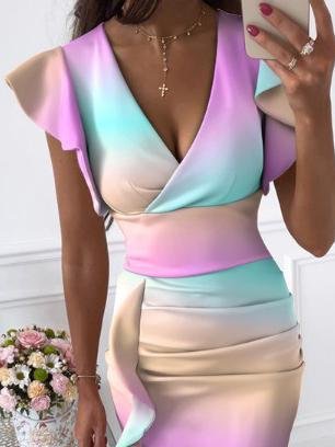 V-Neck Tie-Dye Print Ruffled Midi Dress