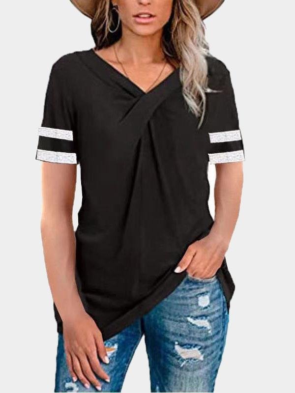V-neck Twisted Solid Color Short Sleeve T-shirts