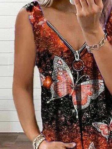 V-neck Zipper Butterfly Print Loose Tank Top