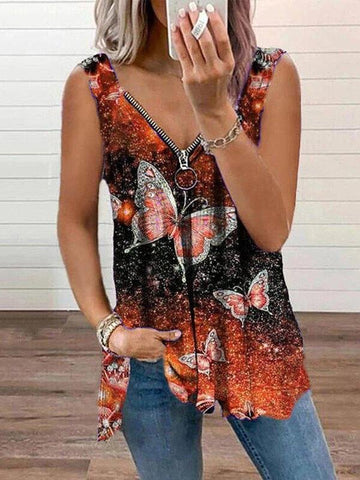 V-neck Zipper Butterfly Print Loose Tank Top