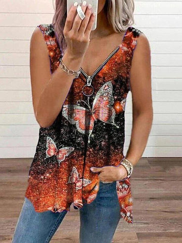 V-neck Zipper Butterfly Print Loose Tank Top