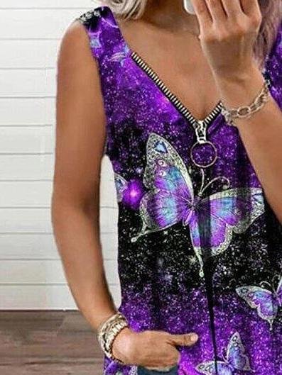 V-neck Zipper Butterfly Print Loose Tank Top