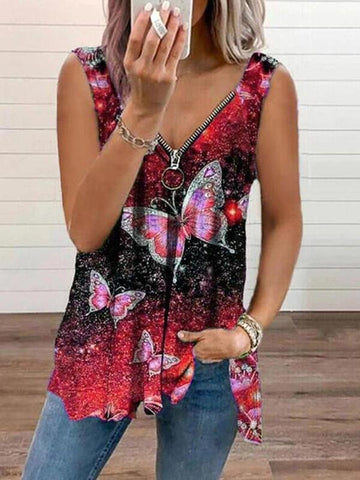 V-neck Zipper Butterfly Print Loose Tank Top