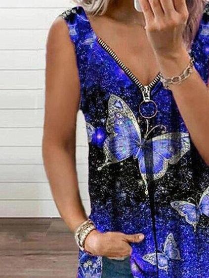 V-neck Zipper Butterfly Print Loose Tank Top