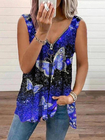 V-neck Zipper Butterfly Print Loose Tank Top