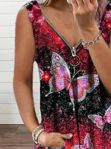 V-neck Zipper Butterfly Print Loose Tank Top