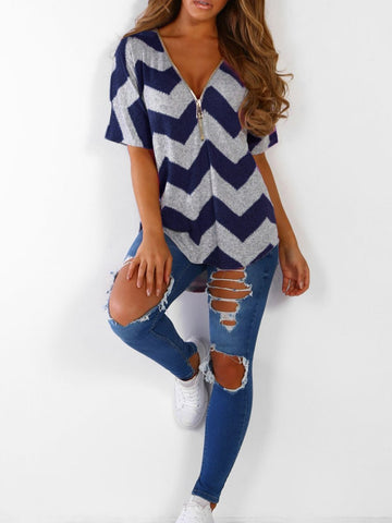 V-neck Zipper Chevron Print T-shirts