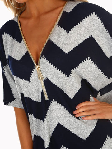 V-neck Zipper Chevron Print T-shirts