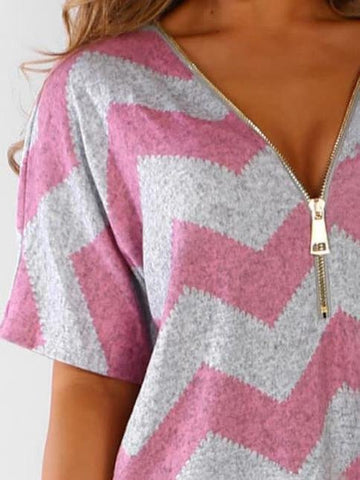 V-neck Zipper Chevron Print T-shirts