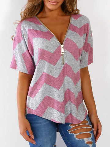 V-neck Zipper Chevron Print T-shirts