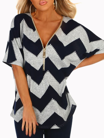 V-neck Zipper Chevron Print T-shirts