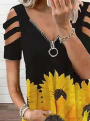 V-neck Zipper Cutout Short Sleeve Sunflower T-shirt