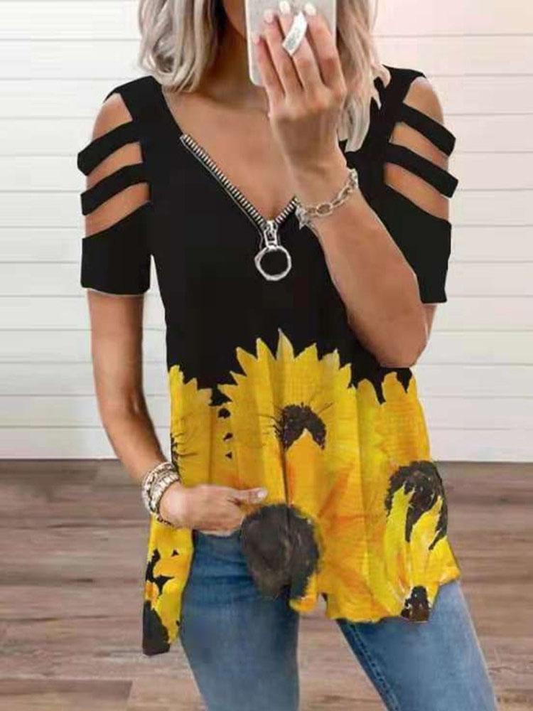 V-neck Zipper Cutout Short Sleeve Sunflower T-shirt